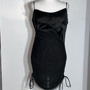 Zara satin black mini dress gathered and ties at the sides, out of stock.